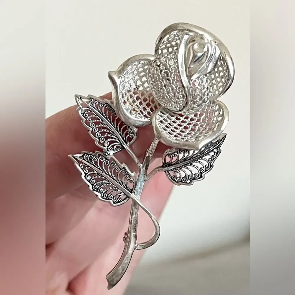 Vintage sterling rose brooch - Picture 1 of 11